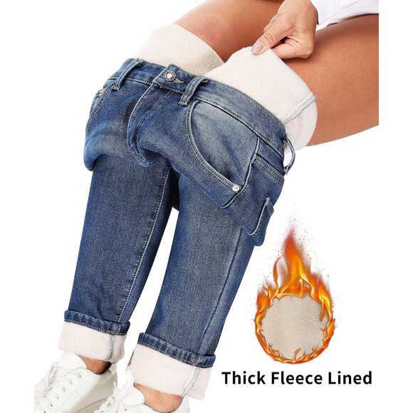 Women's Fleece Lined Skinny Jeans Thermal Flannel Winter Warm Thick Denim - Picture 2 of 5